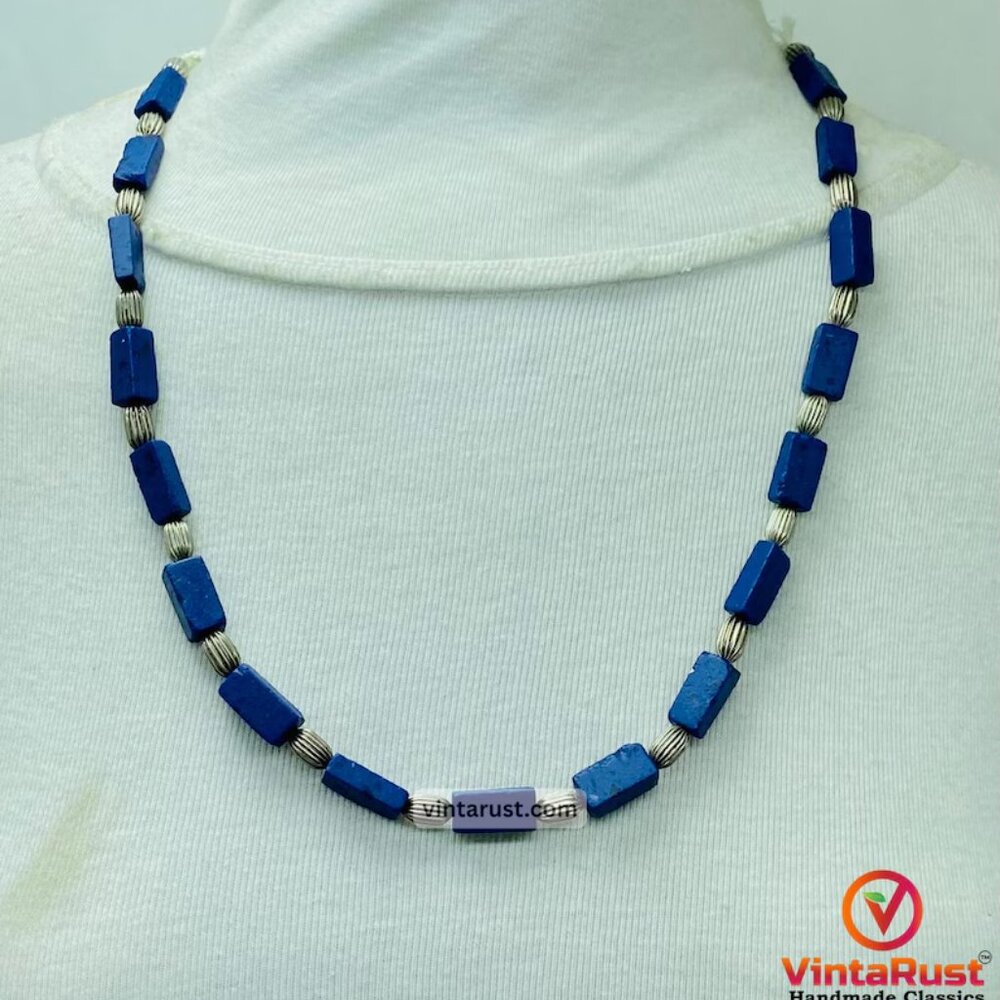 Lapis Lazuli Beaded Necklace: Silver Accent, Adjustable Cotton Tie